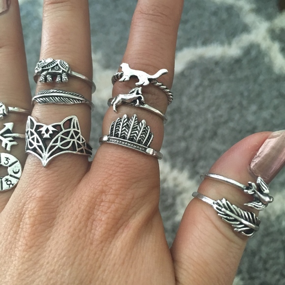 12-piece Zodiac Symbols Fox Cat Silver Ring Set - Picture 7 of 8